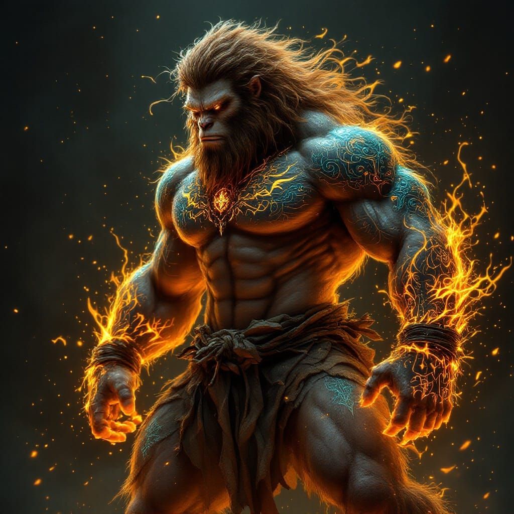 Cyberpunk-Inspired Bigfoot Samurai in Ancient Warrior Pose