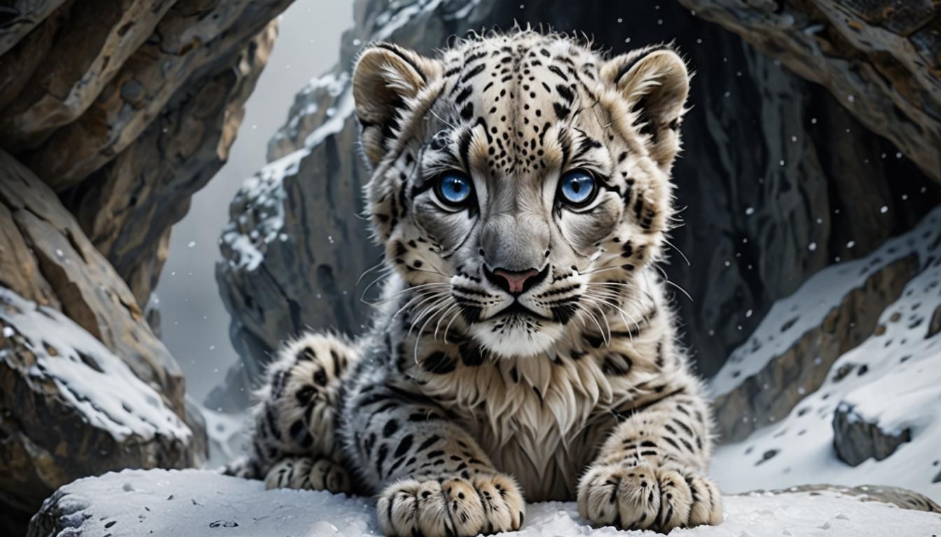 Photorealistic Newborn Snow Leopard with Robotic Eyes