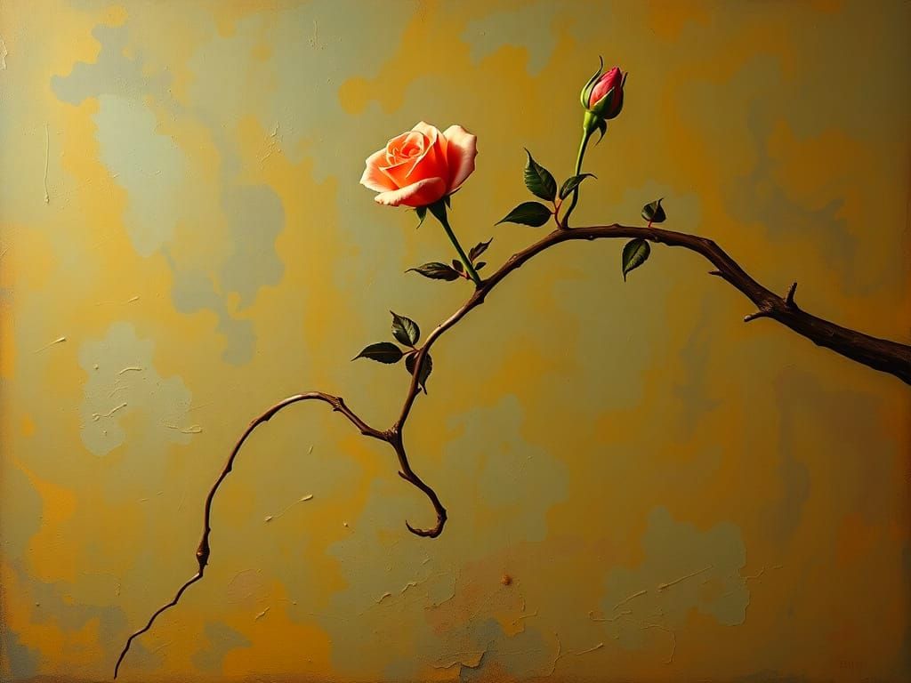Surreal Rose Branch in Melting Oil on Canvas Style