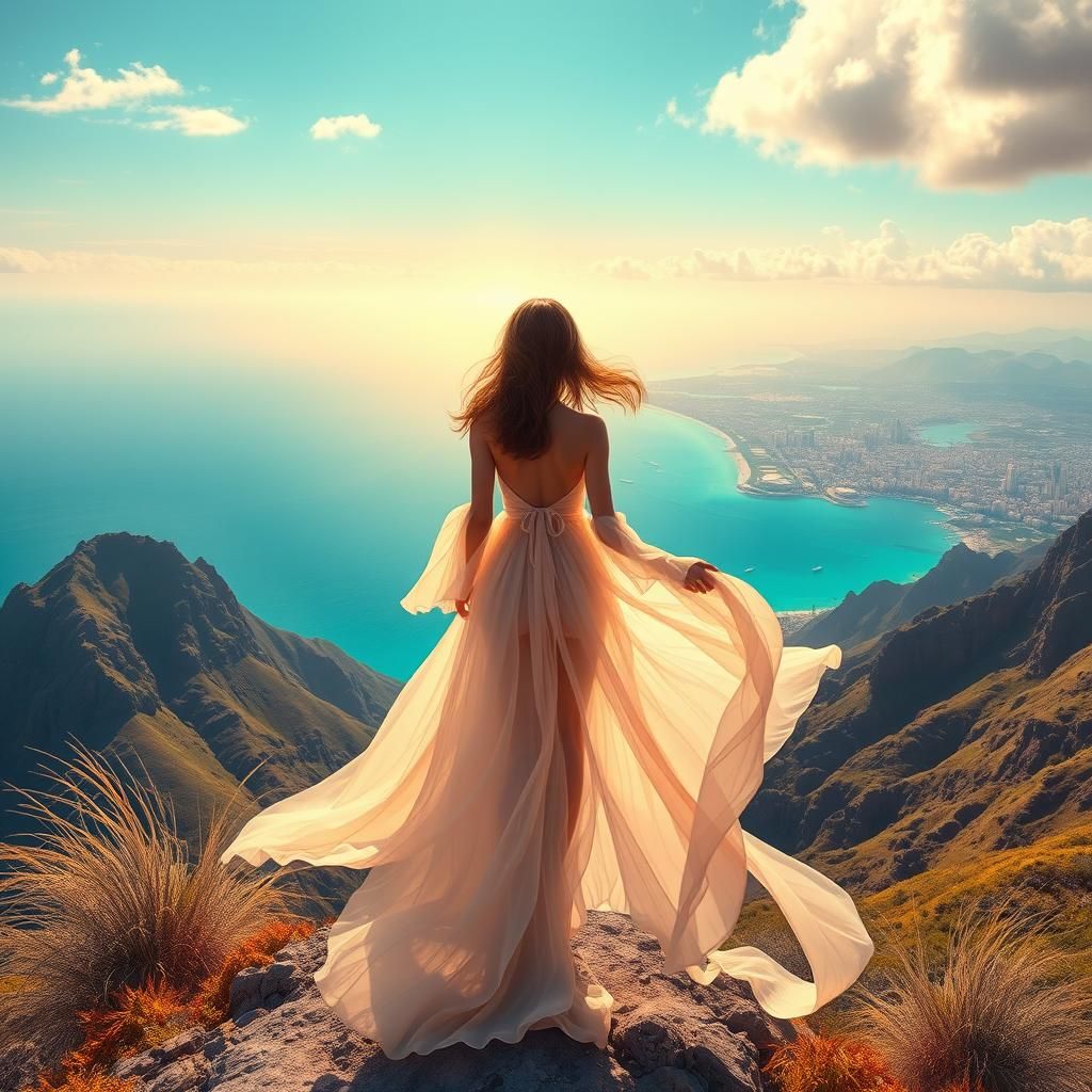 Futuristic Woman Gazing at Island Metropolis