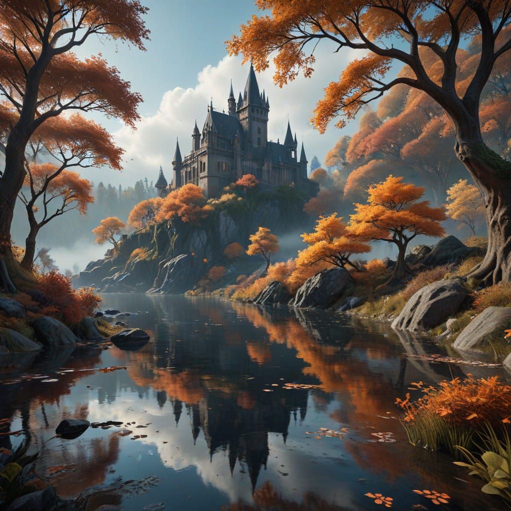 Autumn Lake Landscape in Gothic Aesthetic