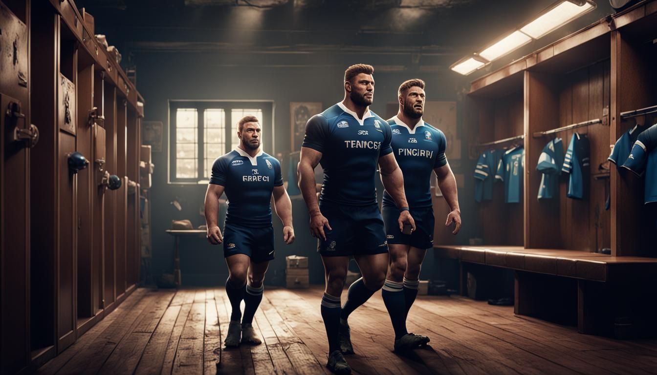 Rugby Players in Locker Room: Detailed Fantasy Concept Art