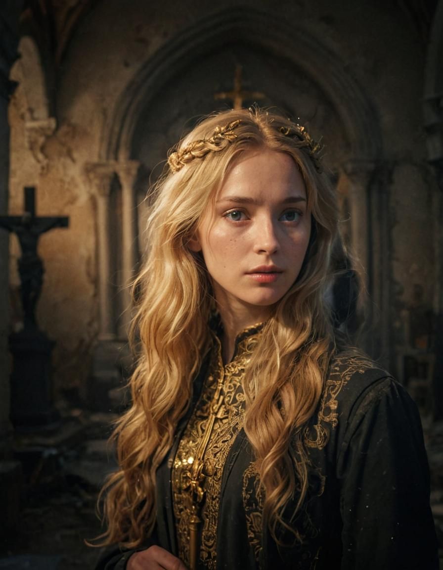 Woman in Ruined Church with Golden Statue