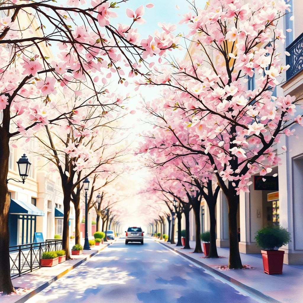Impressionist City Scene with Blooming Trees and Flowers