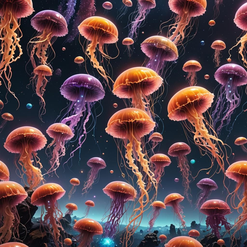 Surreal Space Jellyfish in Vibrant Pixel Art