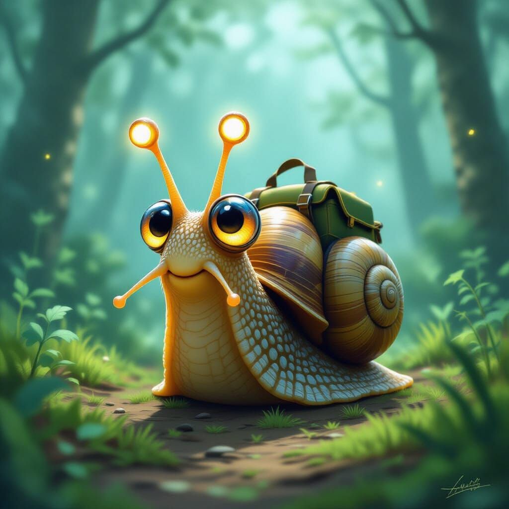 Whimsical Snail Explorer in Misty Forest