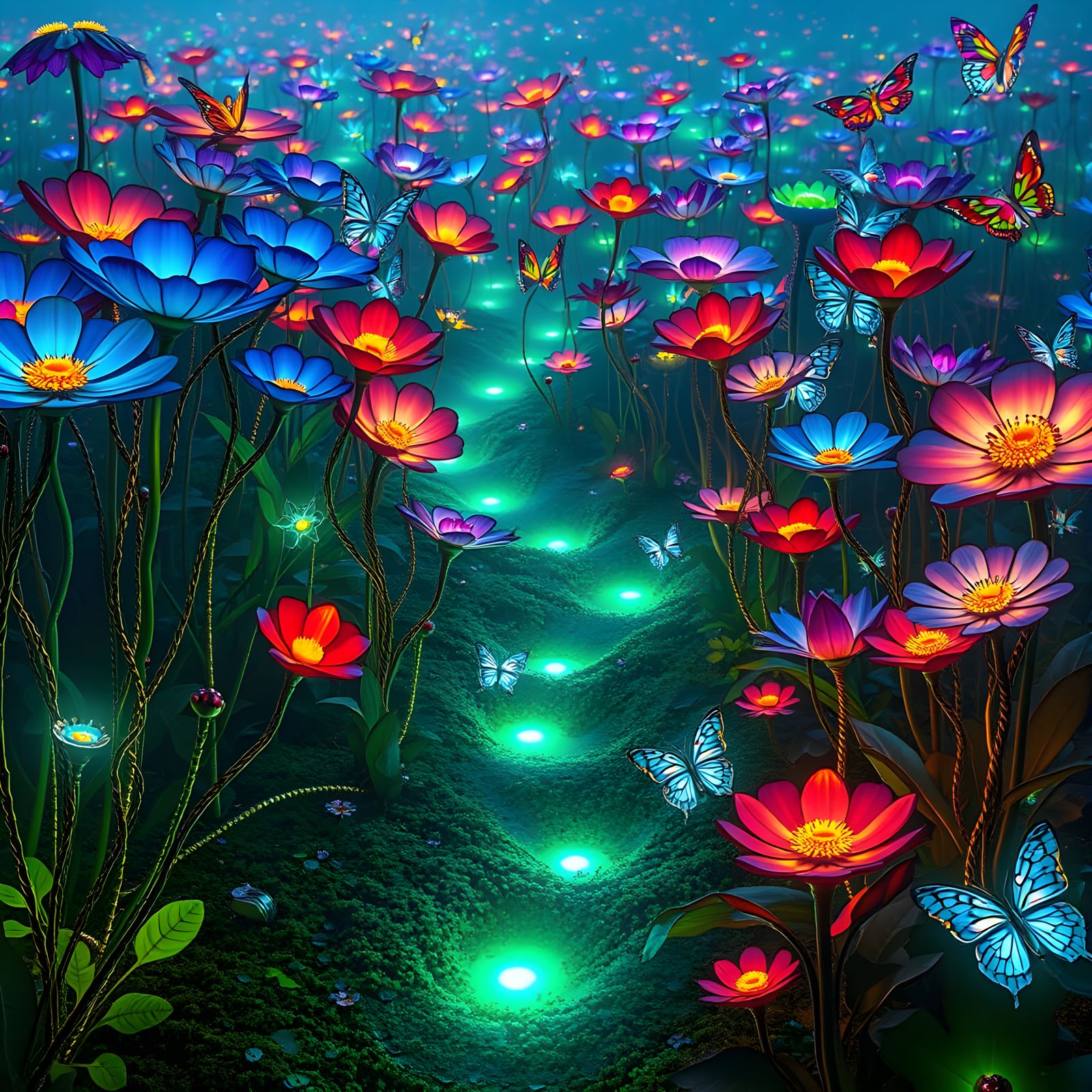 Cyber-Garden Blooms with Mechanical Flowers in Vibrant Hues