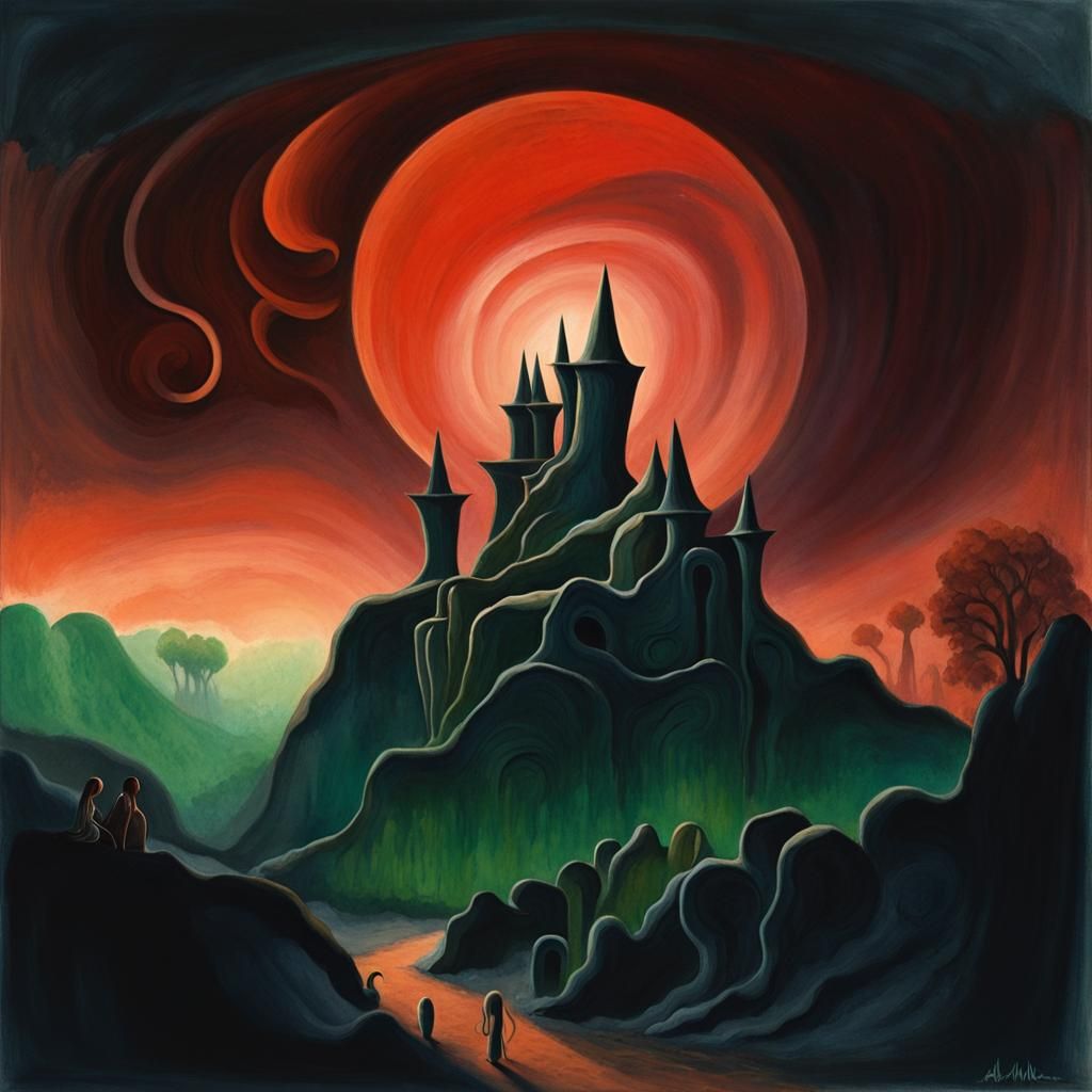 Art Nouveau Painting of Grieving Woman with Swirls