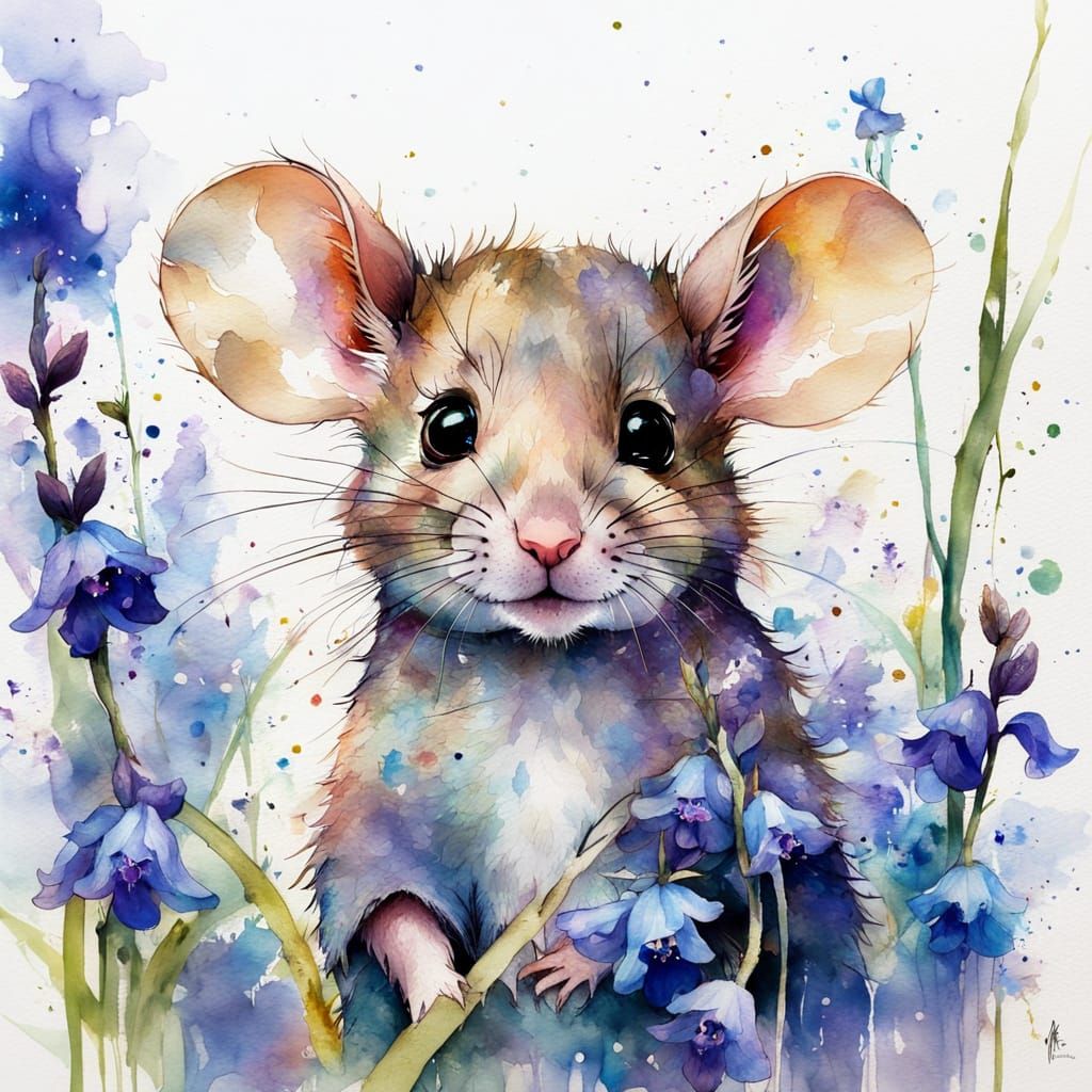 Mouse Peeking Through Bluebells in Watercolor Style