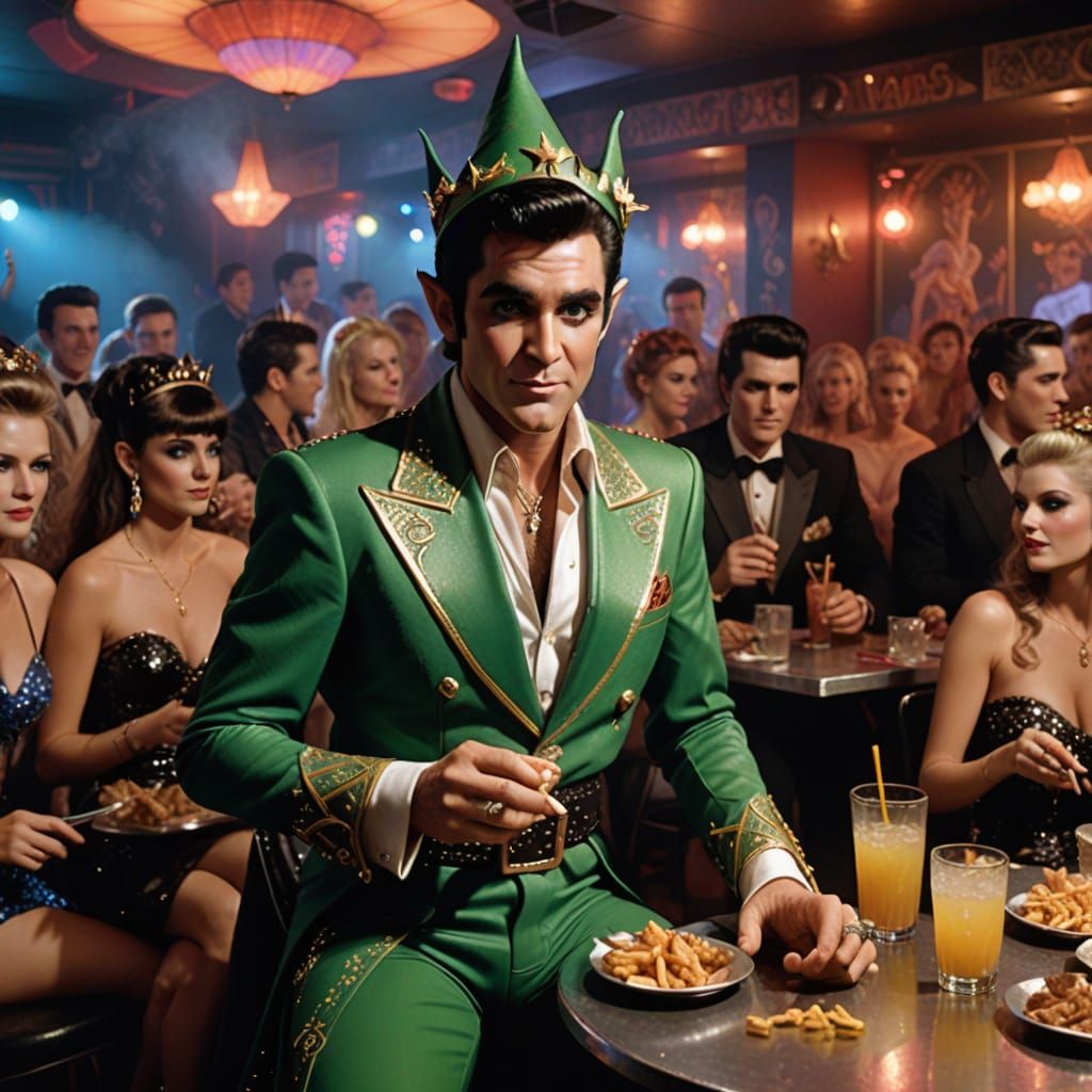 Elf Elvis Impersonator on Smoky Nightclub Stage