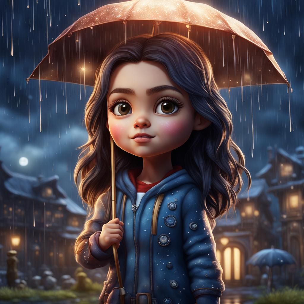 Hyperrealistic Chibi Mila Kunis in the Rain