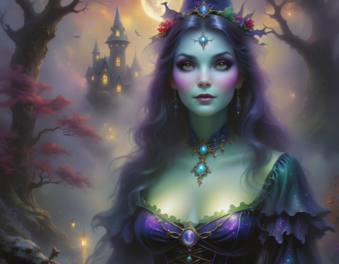 Ethereal Witch in a Misty Fantasy Landscape