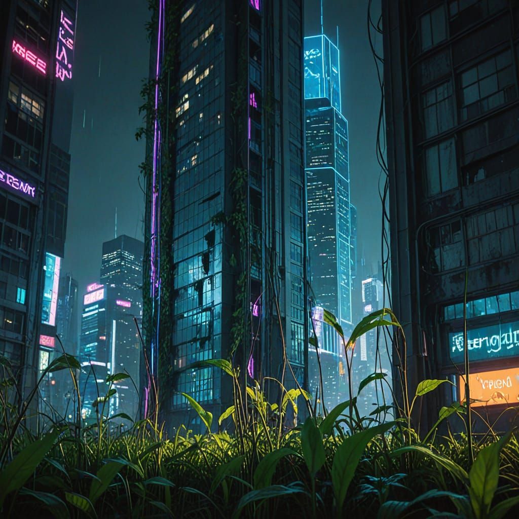 Cyberpunk Cityscape with Weeds in Anime Style
