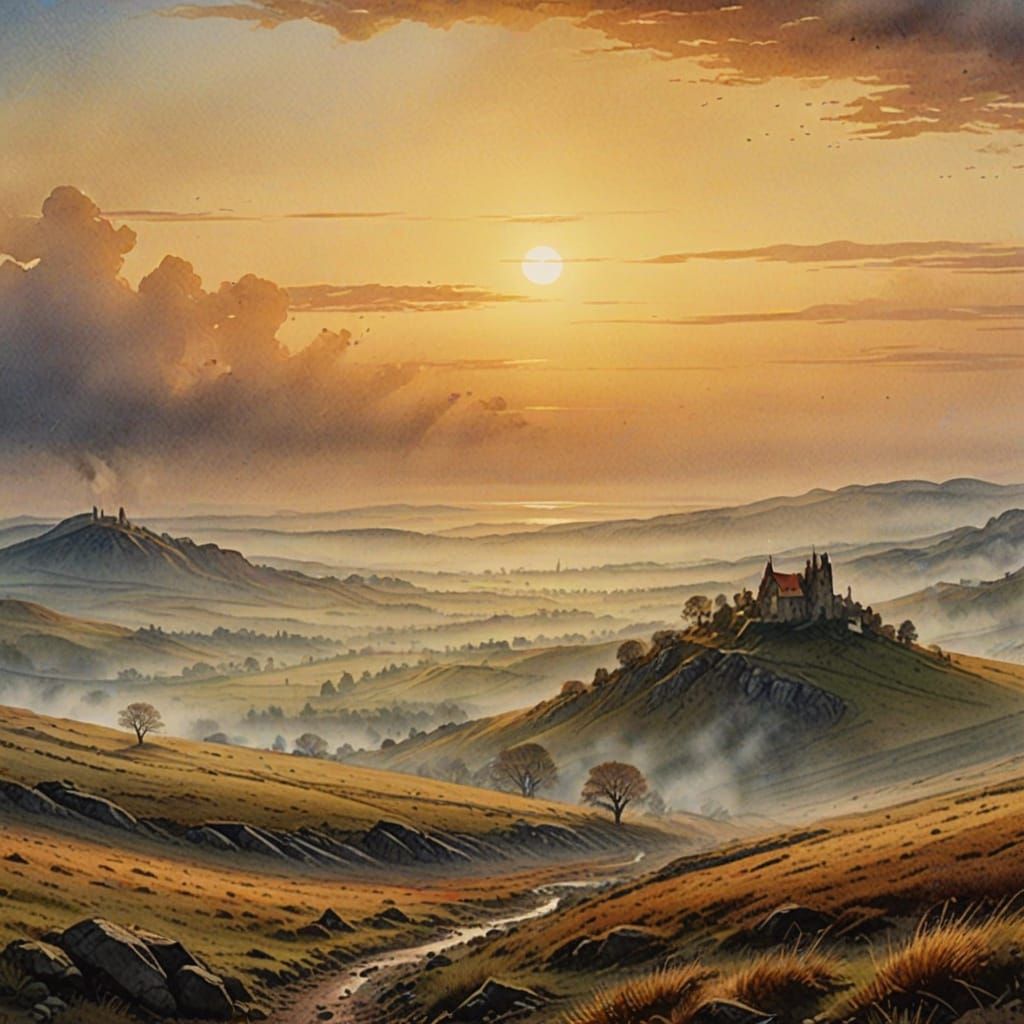 Barren Earth Landscape in Romantic Watercolor Style