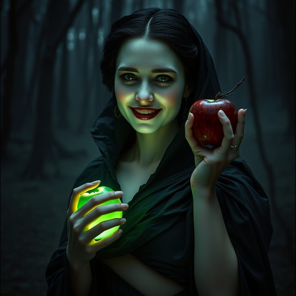 Dark Snow White Queen in Black Silk Gown with Poisoned Apple