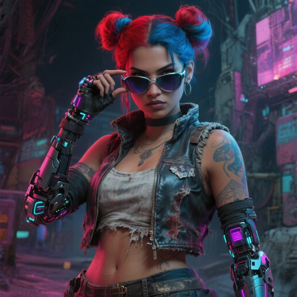 Cyberpunk Woman with Cyberarms in Gritty City