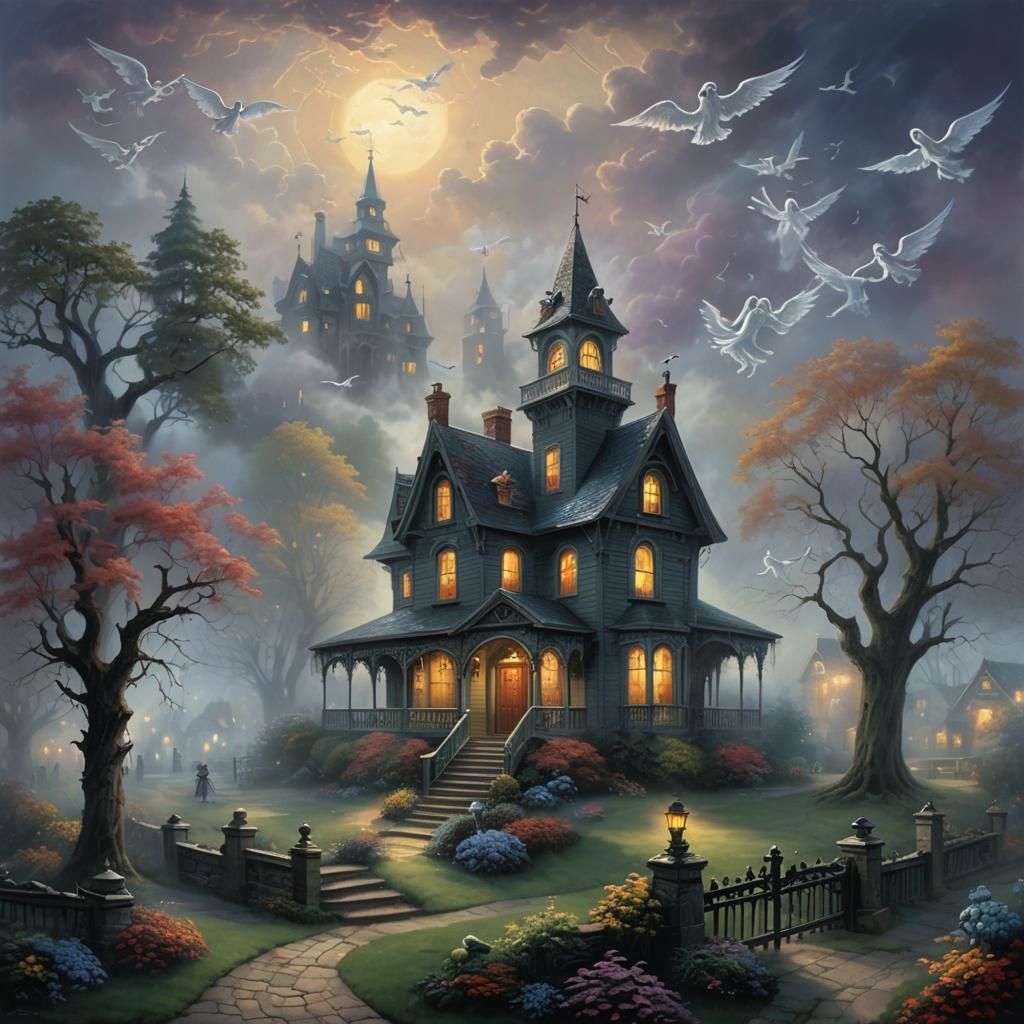 Ethereal Haunted House Surrounded by Ghosts and Angels
