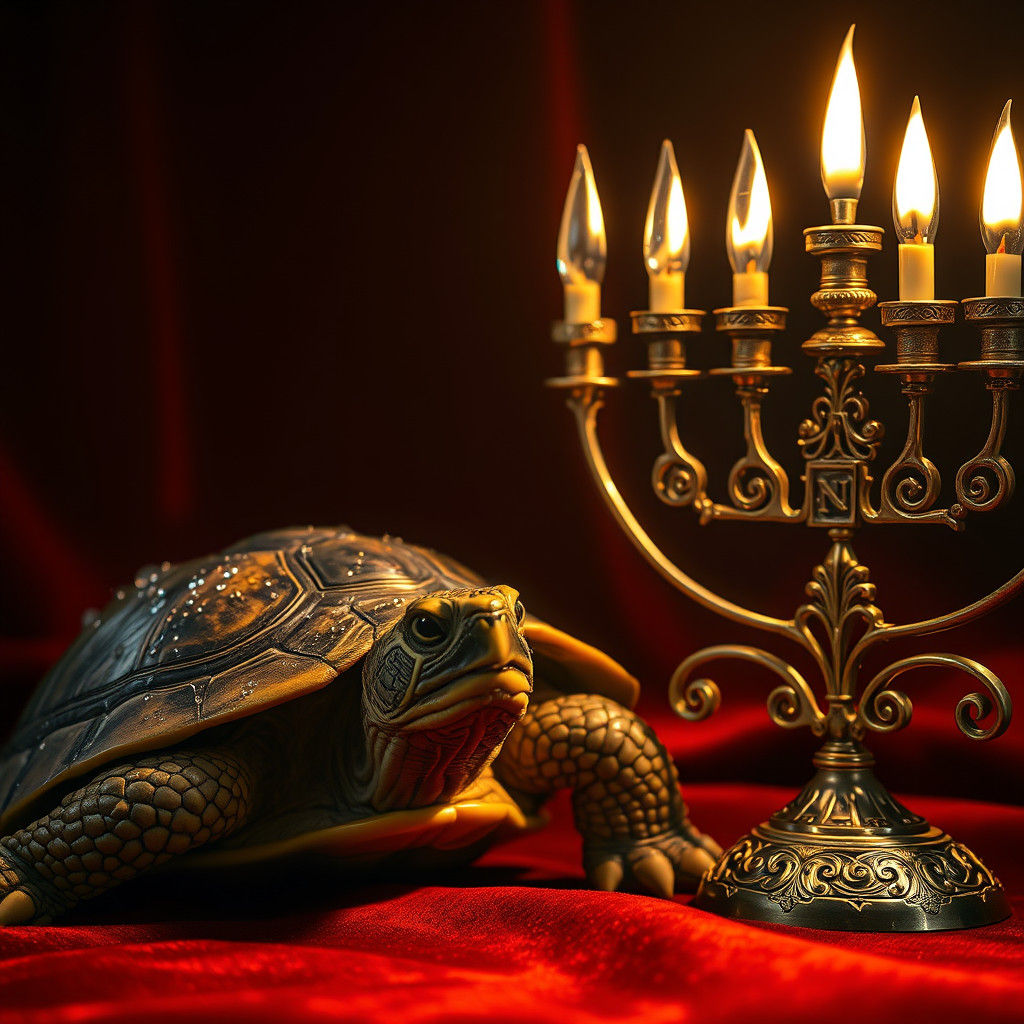 Turtle and Menorah in Hyperrealistic Style