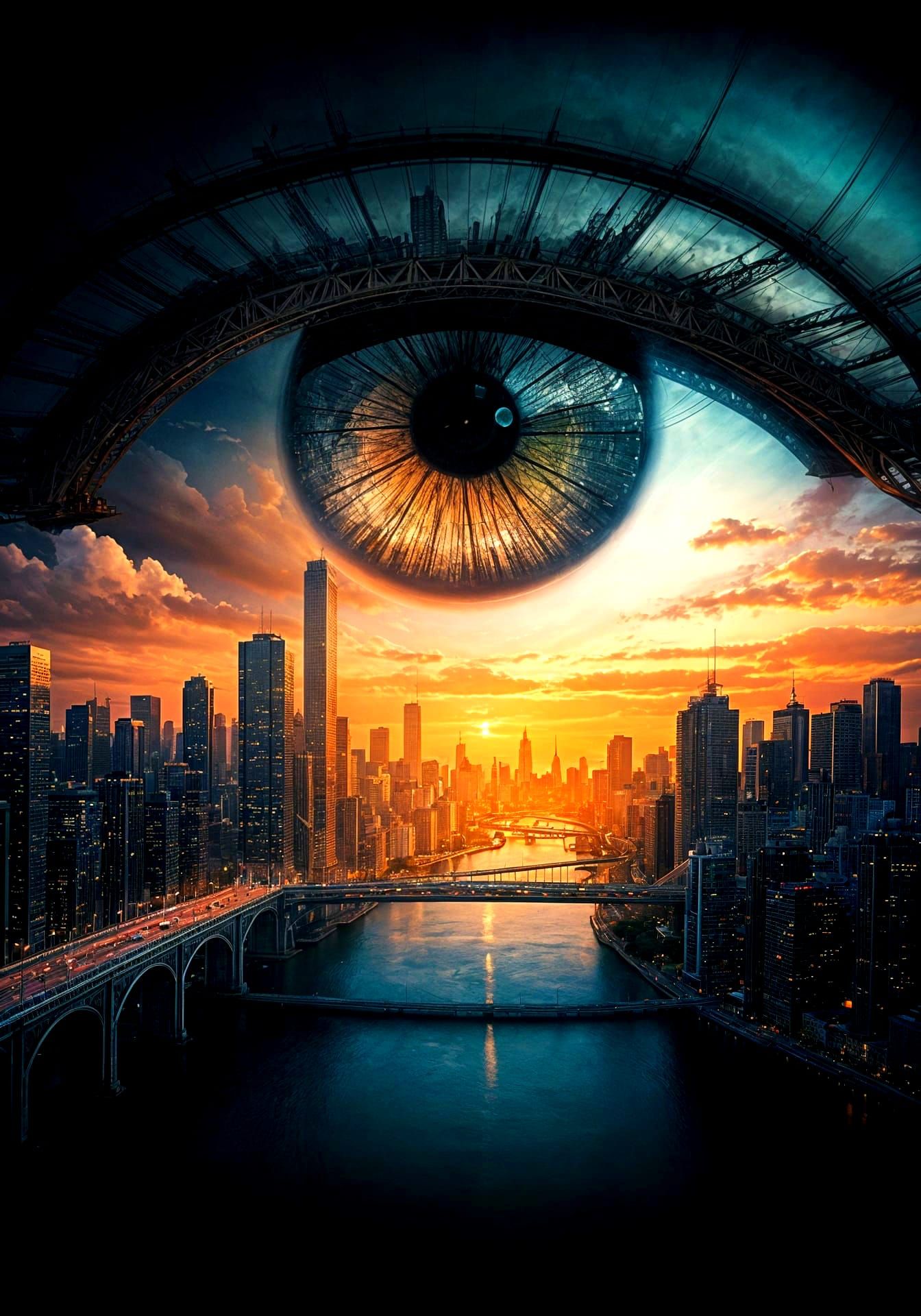 Surreal Eye Over Cityscape in Watercolor Style