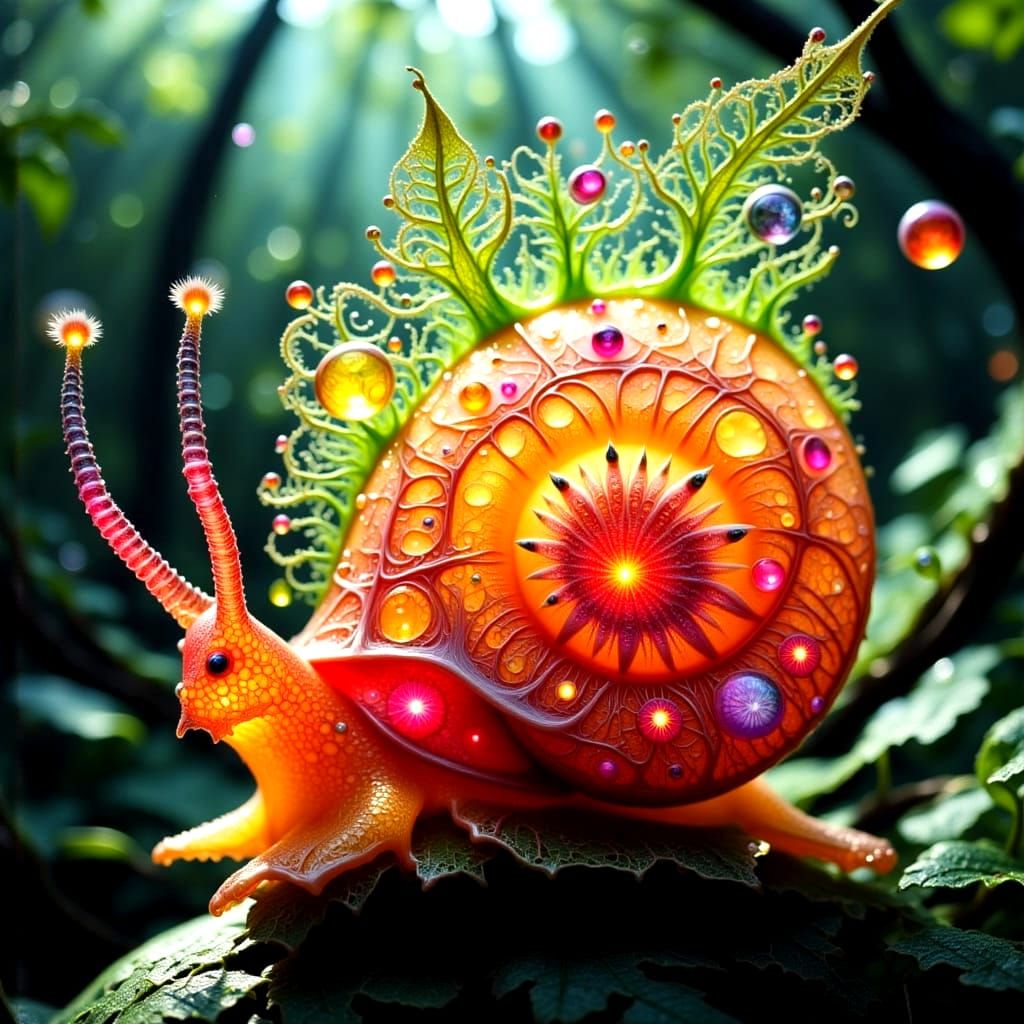 Translucent Rainbow Snail with Vegetables in Forest