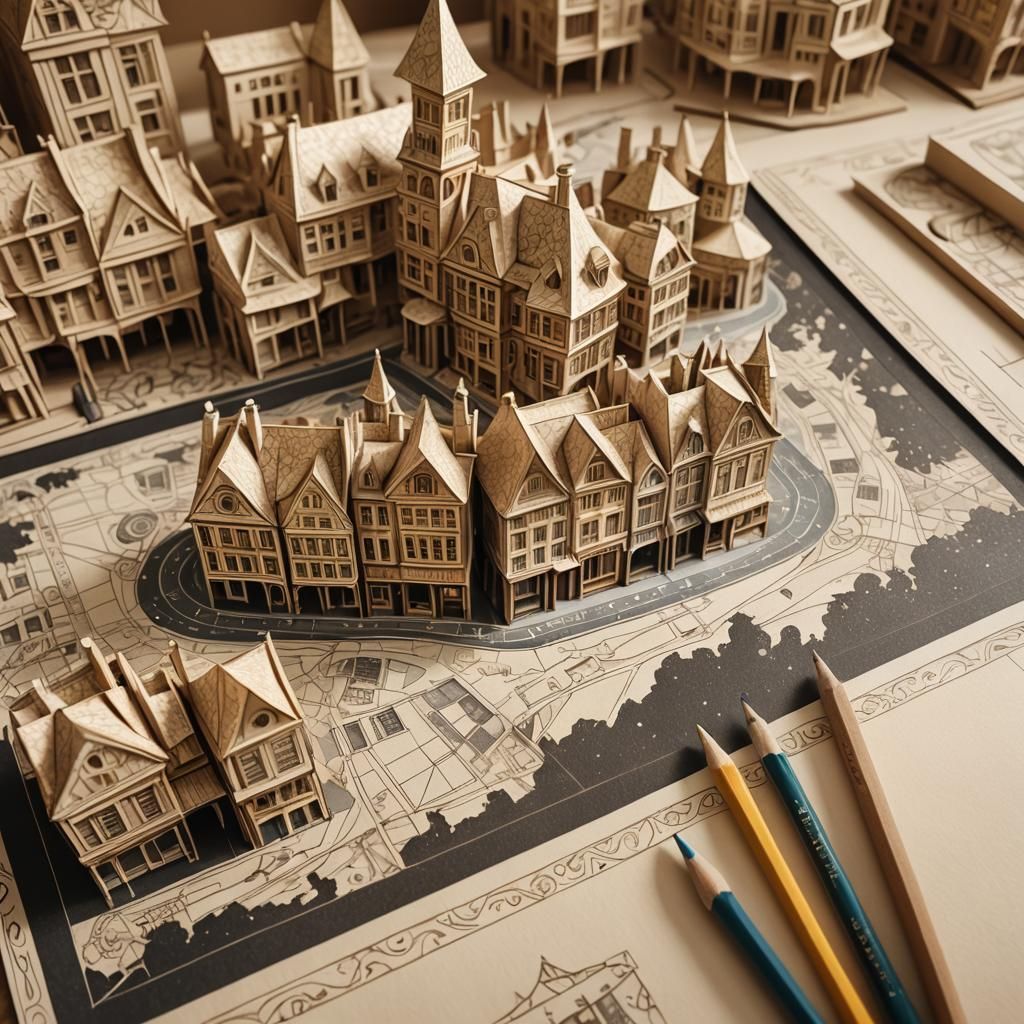 Magical Pearlescent City Block Model in Origami Style