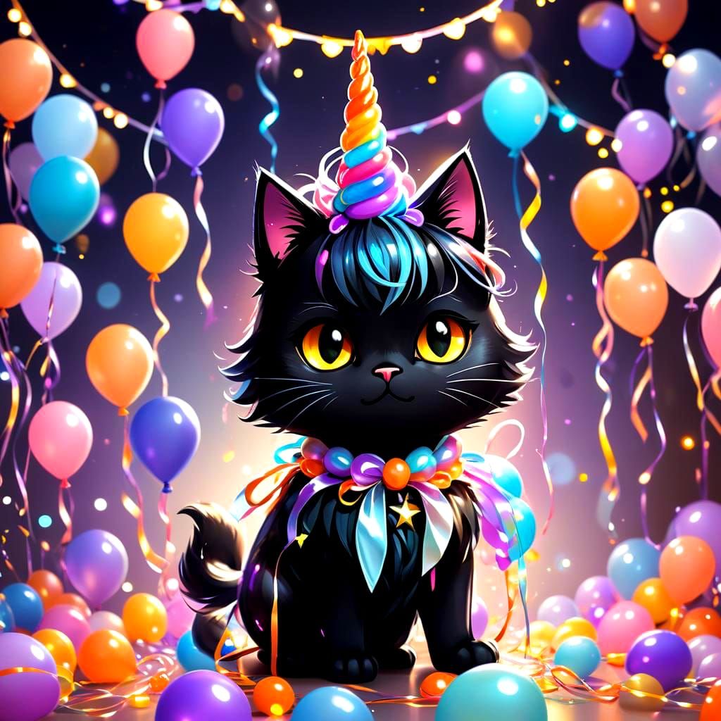 Chibi Black Cat in Unicorn Costume