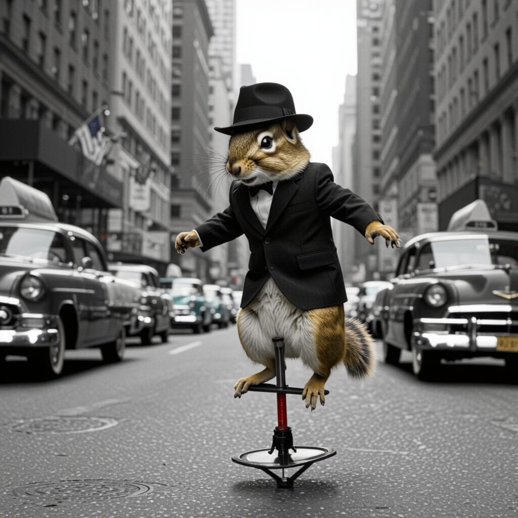 Chipmunk on Pogo Stick in 1950s New York