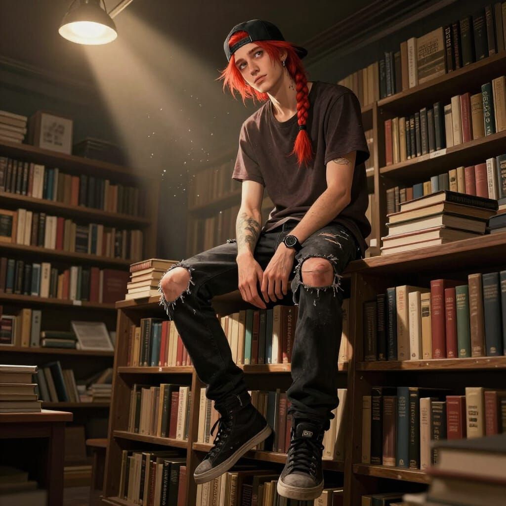 Skater Punk Sits Atop Bookshelf in Old Bookshop