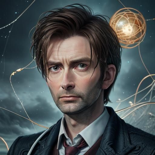 Close up on the face of David Tennant as Doctor who, holding a ball of tangled fishing twine in front of his face, the w...