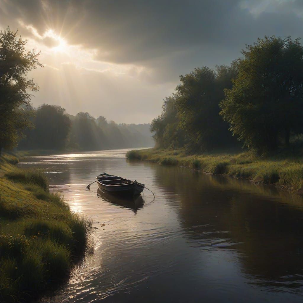 Surreal Landscape Painting of Stormy Riverbank in Dramatic R...