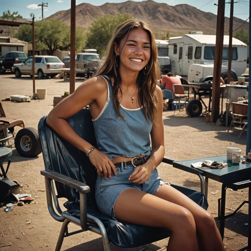 Native Woman in Desert Trailer Park, Cinematic Film Still