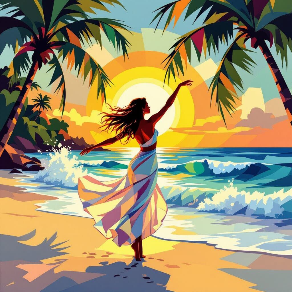 Nymph Dancing on Beach in Cubist Style