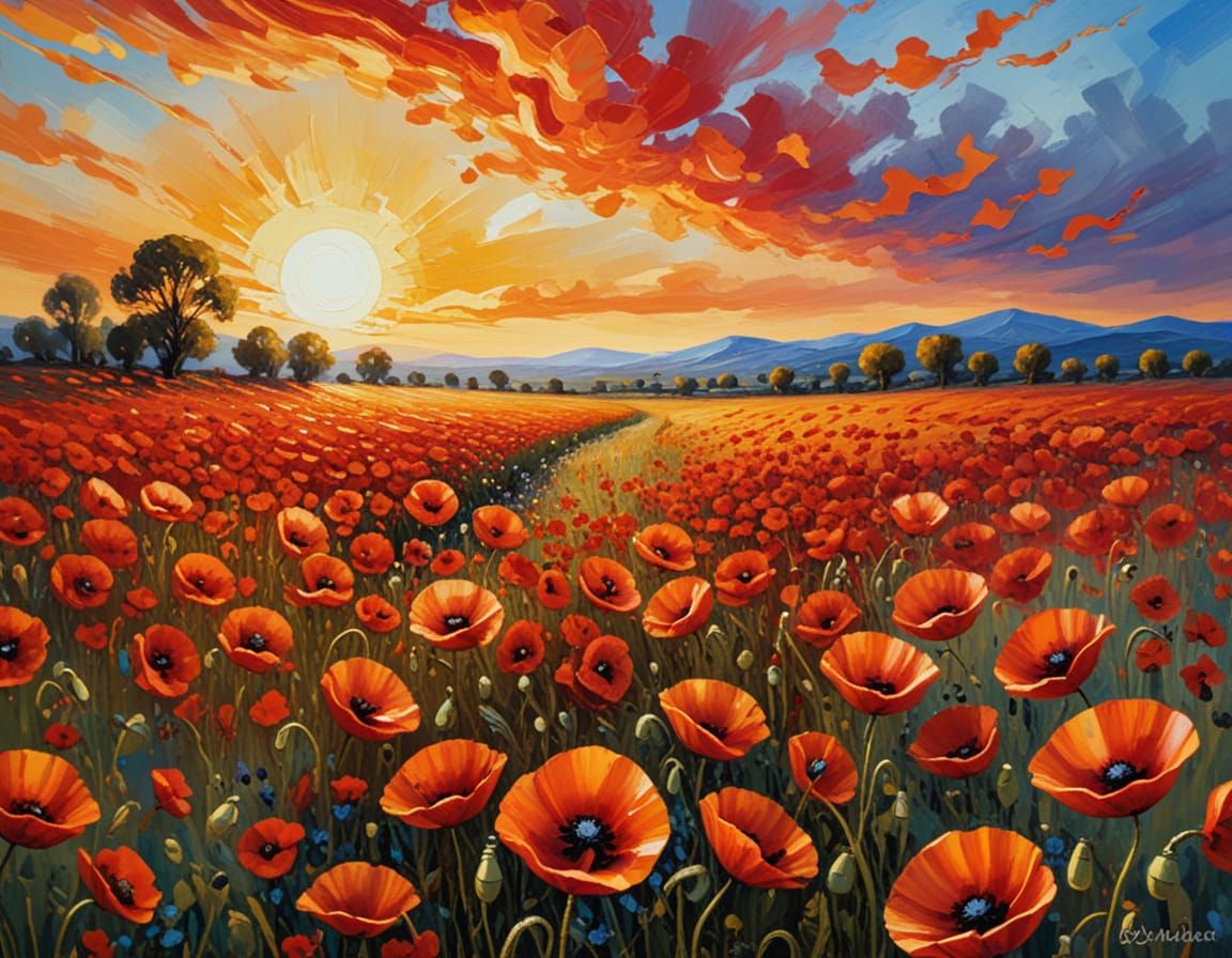 Poppy Field Impressionist Oil Painting