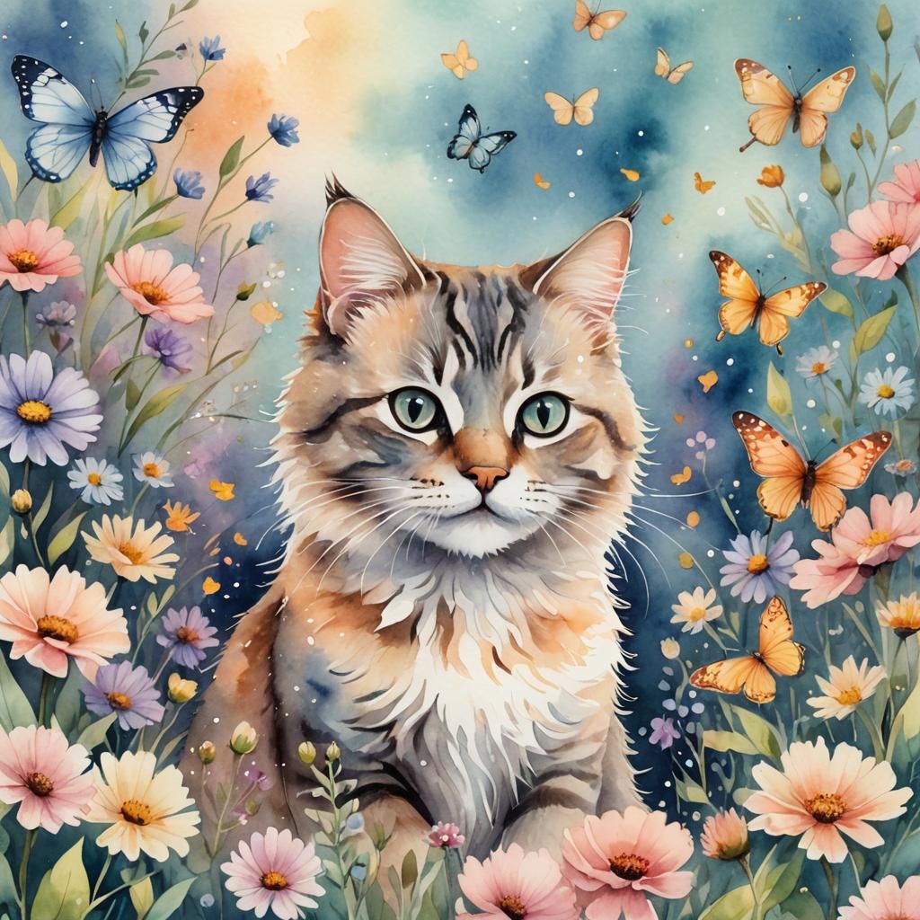 Cute Cat with Butterflies in Watercolor Style