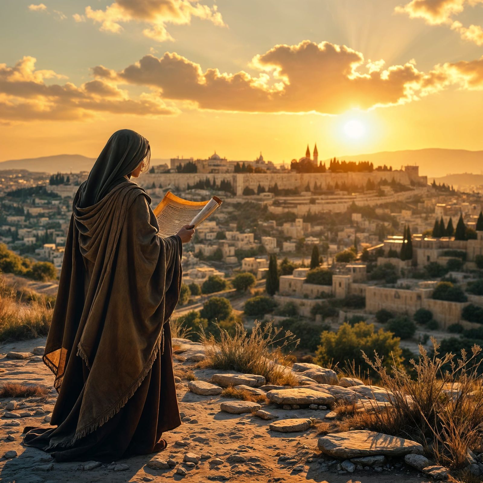 Ancient Woman with Scroll Overlooking Jerusalem in Classical...