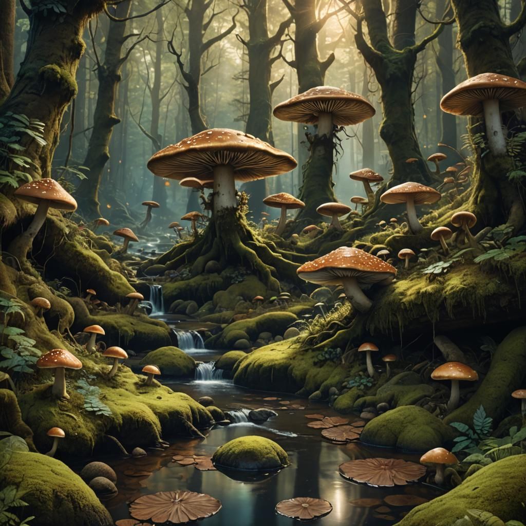 Misty Forest Creek with Giant Mushrooms