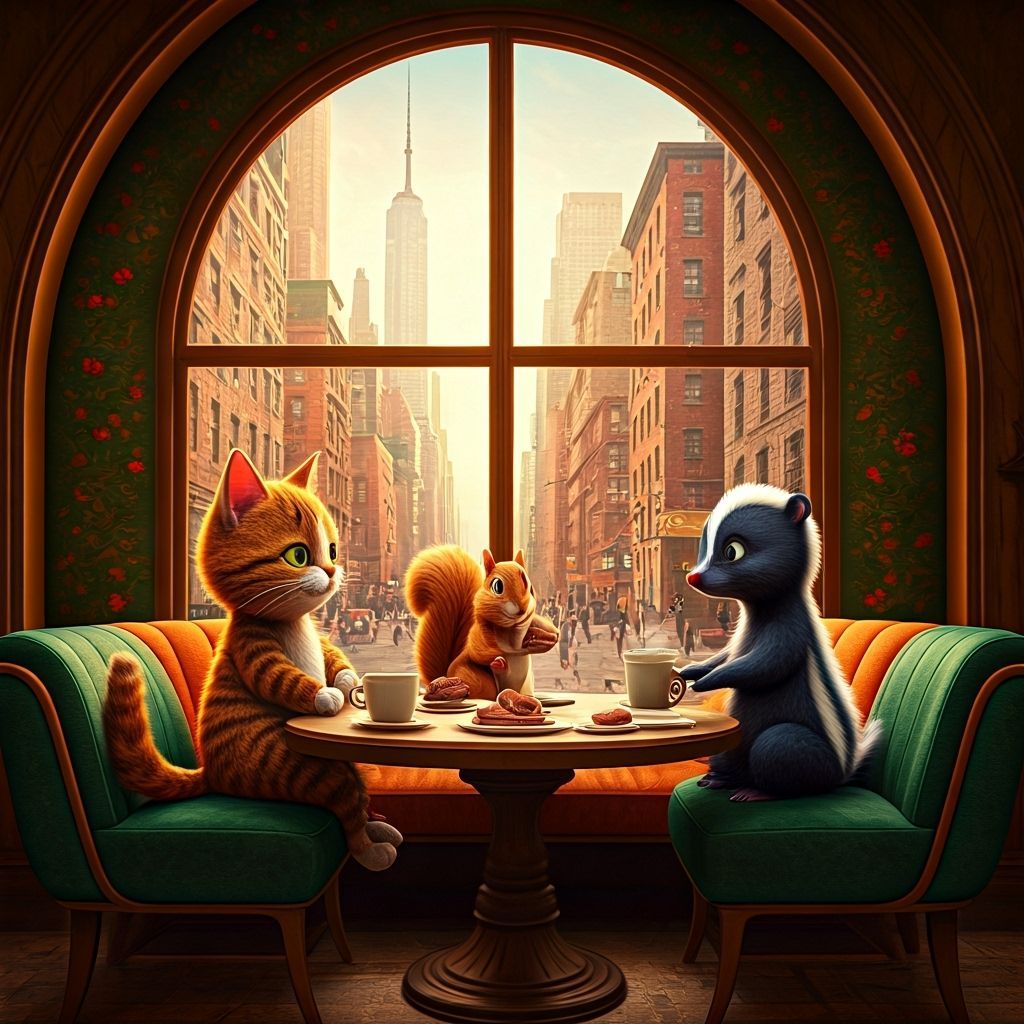 Charming Cartoon Animals Enjoy Coffee in Pixar Style