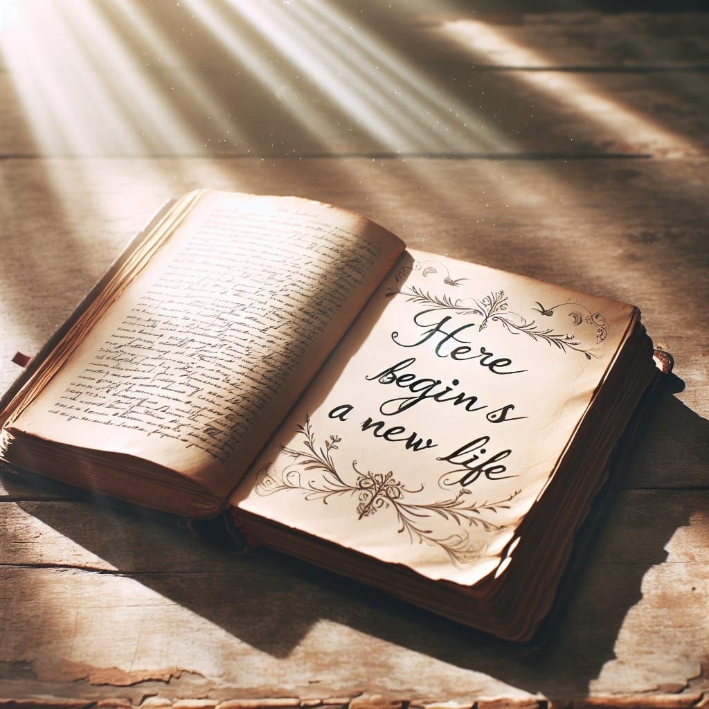 Vintage Book Illuminated by Sunlight: A New Life Begins