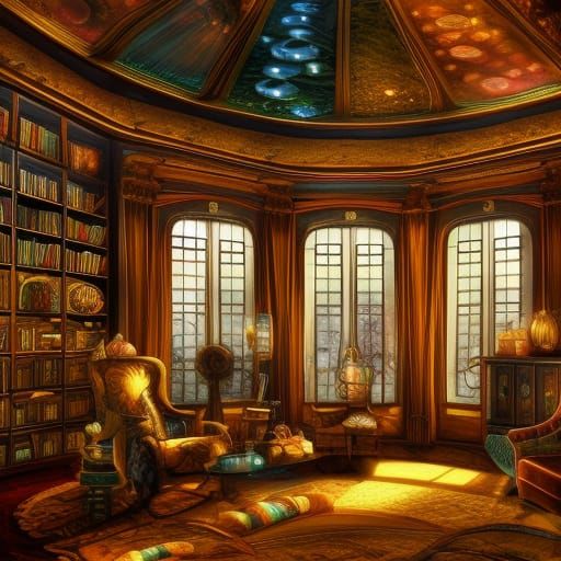 Steampunk Library with Undersea View, Detailed Matte Paintin...