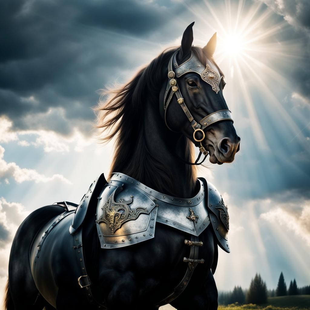 Horse in Black Medieval Armor with Divine Light