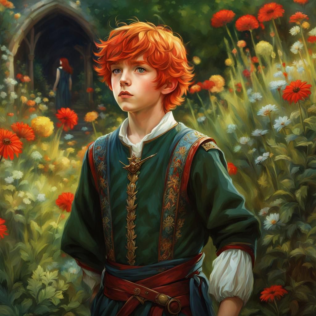 Surprised Red-Haired Boy in Medieval Garden