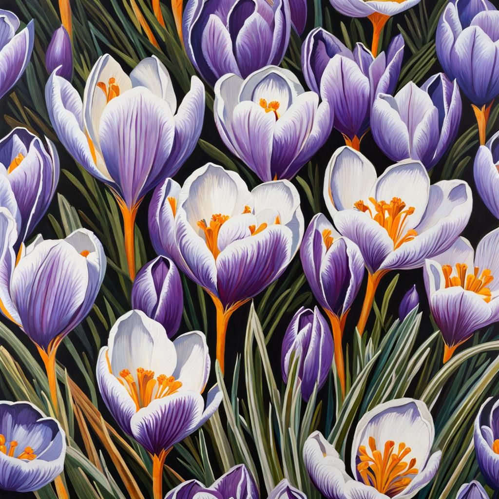 Vibrant Spring Blooms Through Frosty Landscape in Mixed Medi...