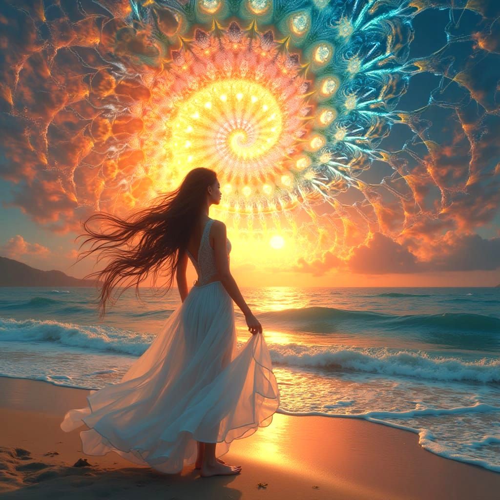 Ethereal Sunset Goddess Amidst Fractal Coastlines