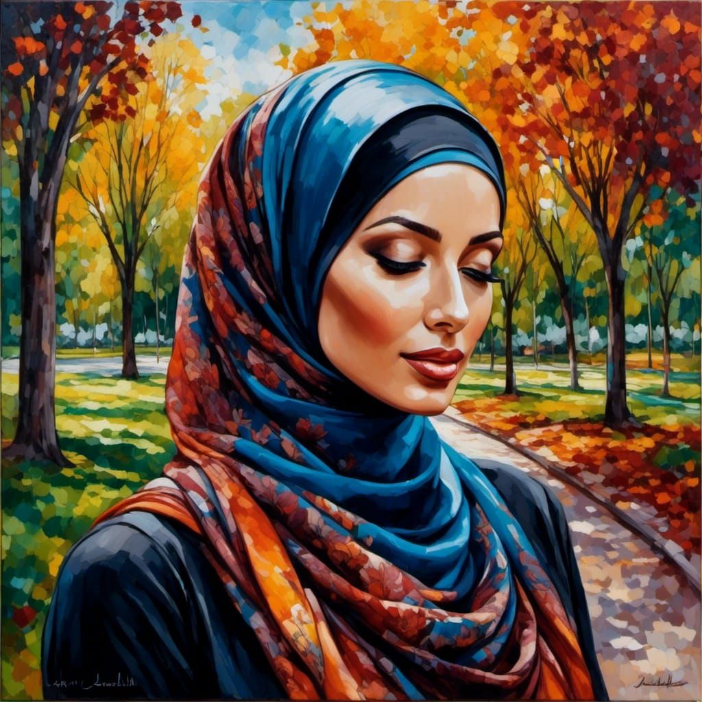 European Woman in Hijab: Detailed Oil Painting