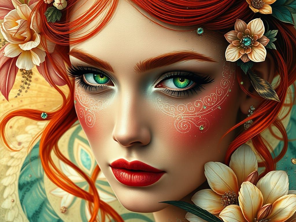 Glamorous Woman with Sparkling Jewels and Fiery Red Hair