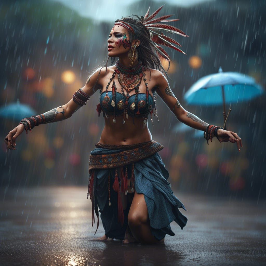 Tribal Tattoo Woman Dancing in Rain: Fantasy Art