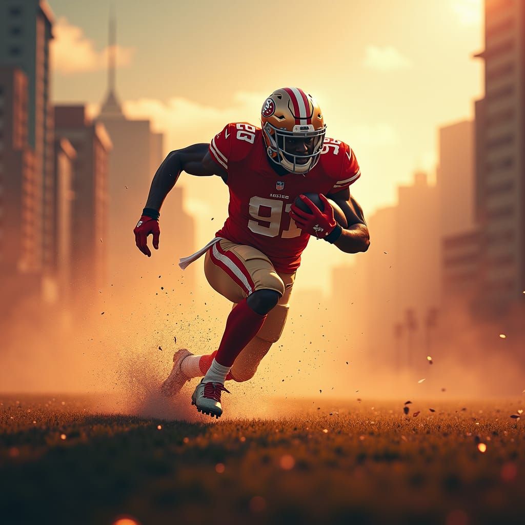 49ers Player Leaping Through San Francisco, Matte Painting