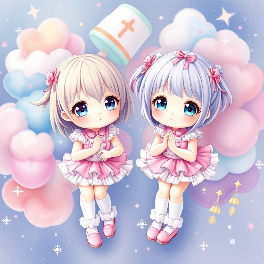 Kawaii Sisters in Delicate Watercolor Dreamscapes