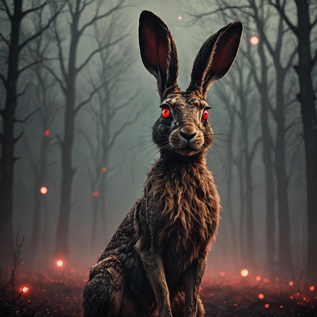 Eerie Terrifying Hare with Glowing Red Eyes