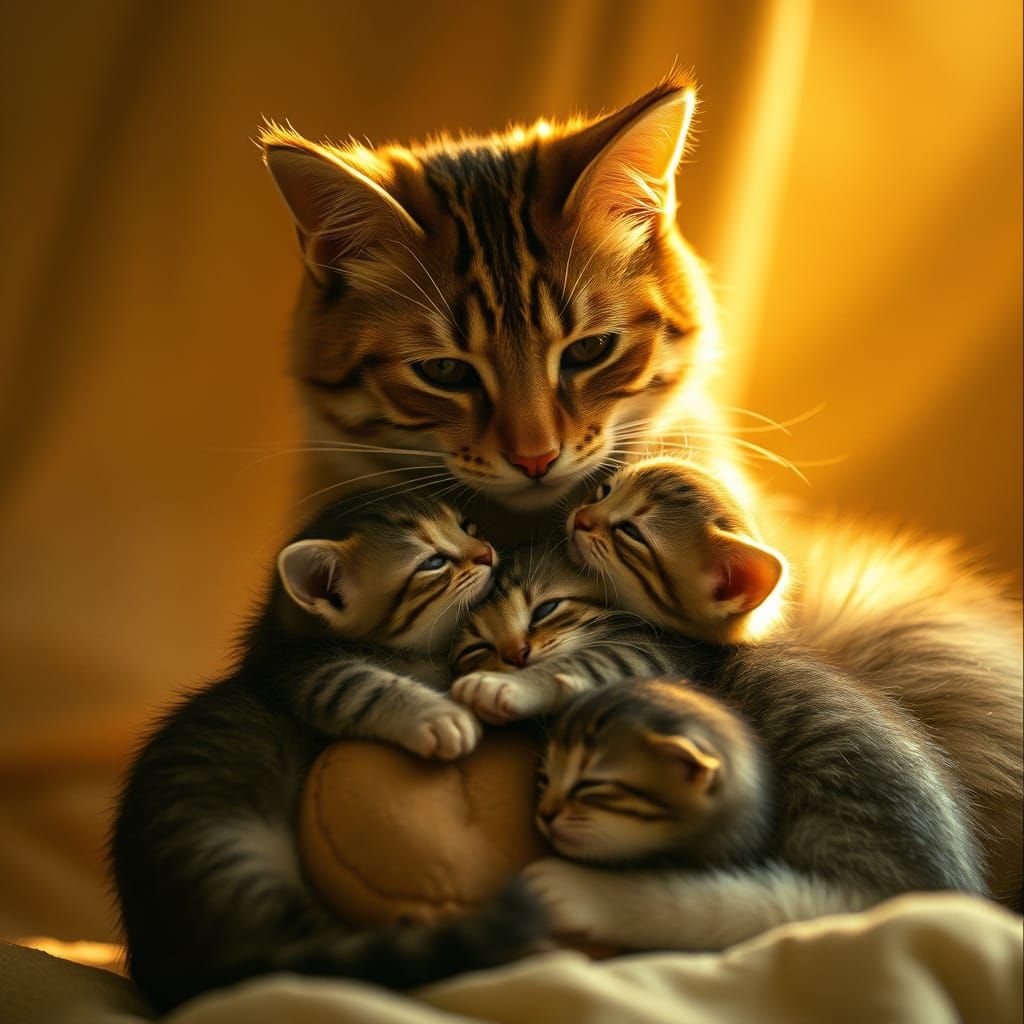 Mother Cat Tenderly Embracing Kittens in Cinematic Style